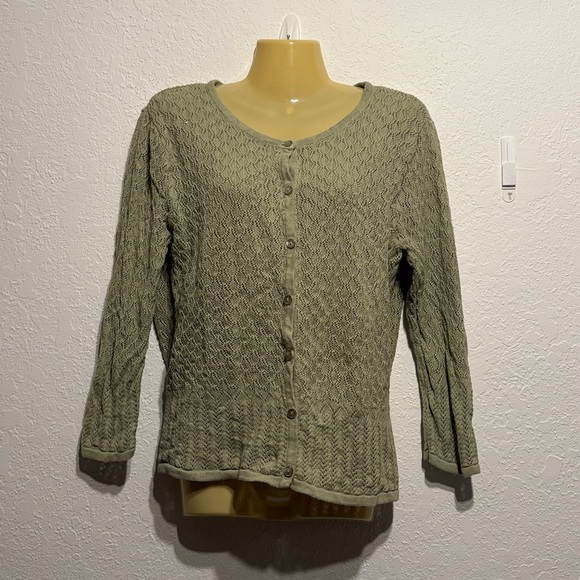 Crystal-Kobe Sage Green Textured Cardigan Lightweight XL 3/4 Sleeve Knit Sweater - Picture 3 of 9